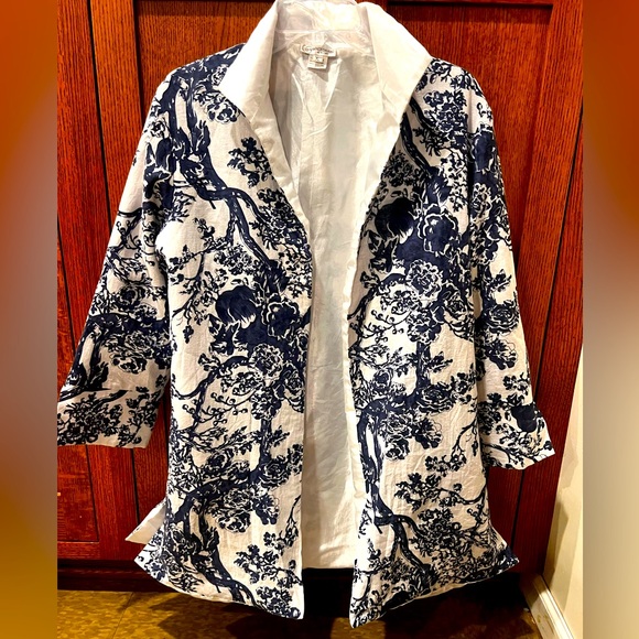Beautiful Grace Chuang Cotton Botanical Navy White Jacket Cardigan Cape XL - Picture 1 of 8